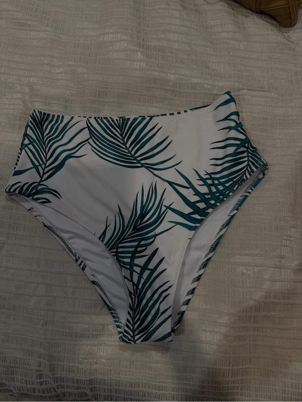 High-Waist Tropical Leaf Print Bikini Bottom - White & Teal